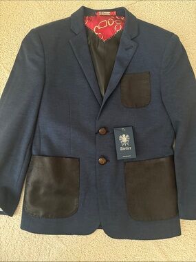Atelier Sona Navy Blue Kids Blazer with Black Patch Pockets